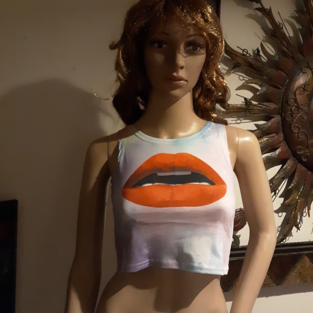 🎉NWOT! Pink Star Dust Lip Print Crop Top Sz S🎉